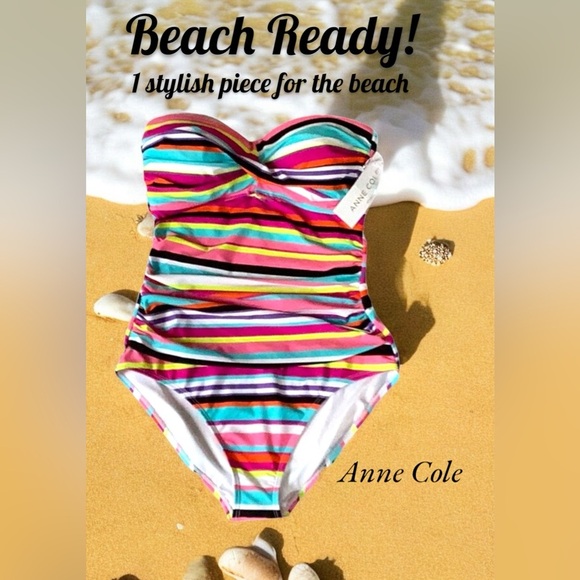 Anne Cole NWT Multicolor Striped Twist Front Bandeau One Piece Swimsuit Size 10 - Picture 1 of 8
